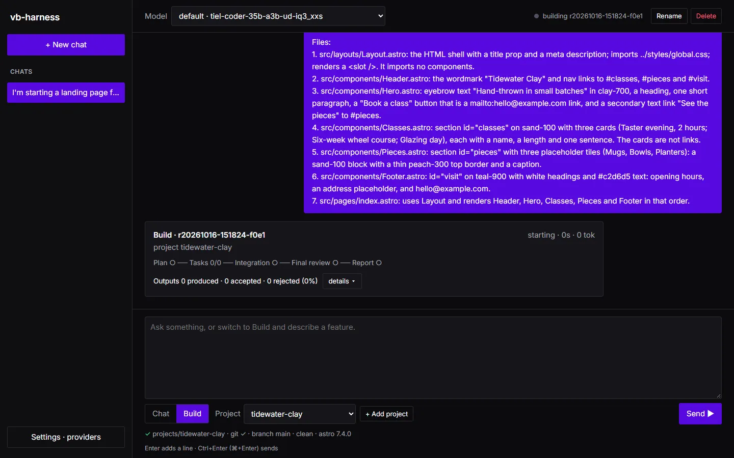 The Build request sent, with its build card starting