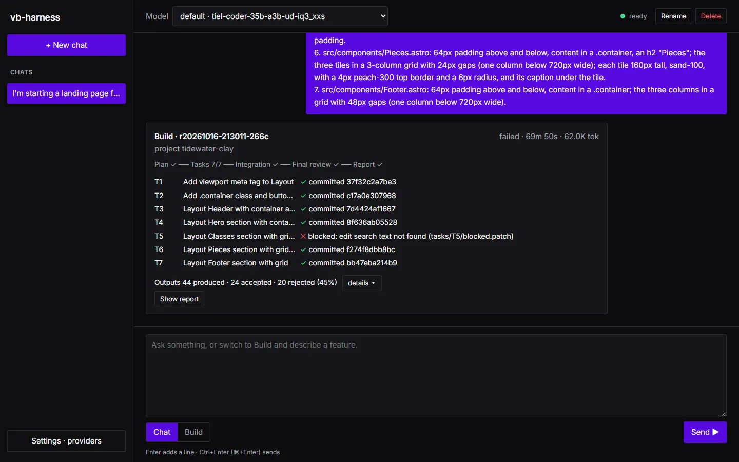 Run 4: six layout tasks committed, T5 blocked on an edit that matched nothing