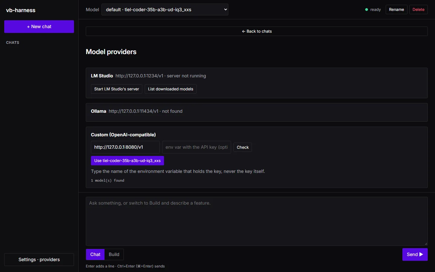 Settings · providers: the app looks for LM Studio and Ollama on this machine; a custom OpenAI-compatible server at 127.0.0.1 has been checked and offers one model to use