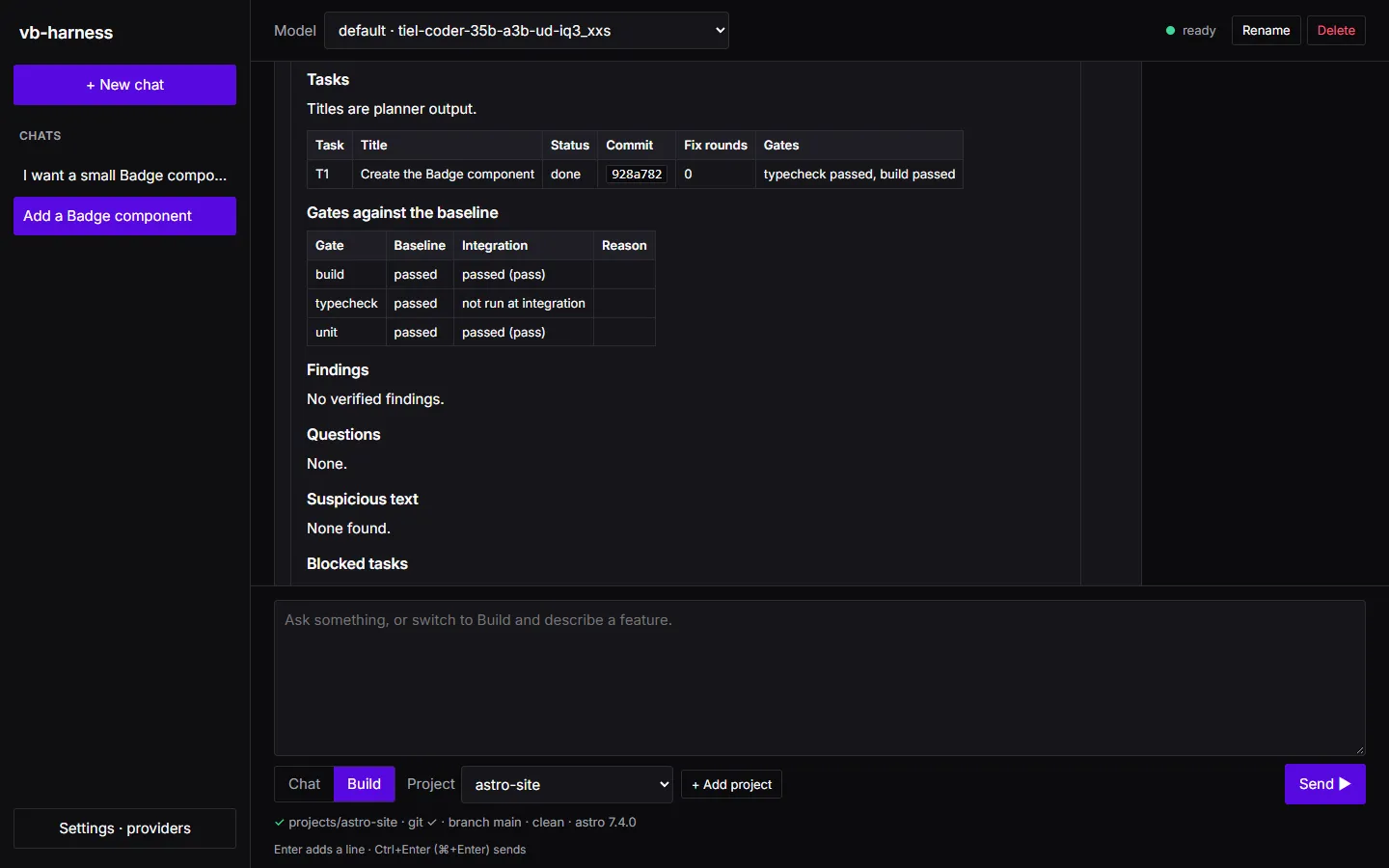 A report in the app: the tasks table with T1 done and its commit, gates compared with the baseline, and empty Findings, Questions and Suspicious text sections